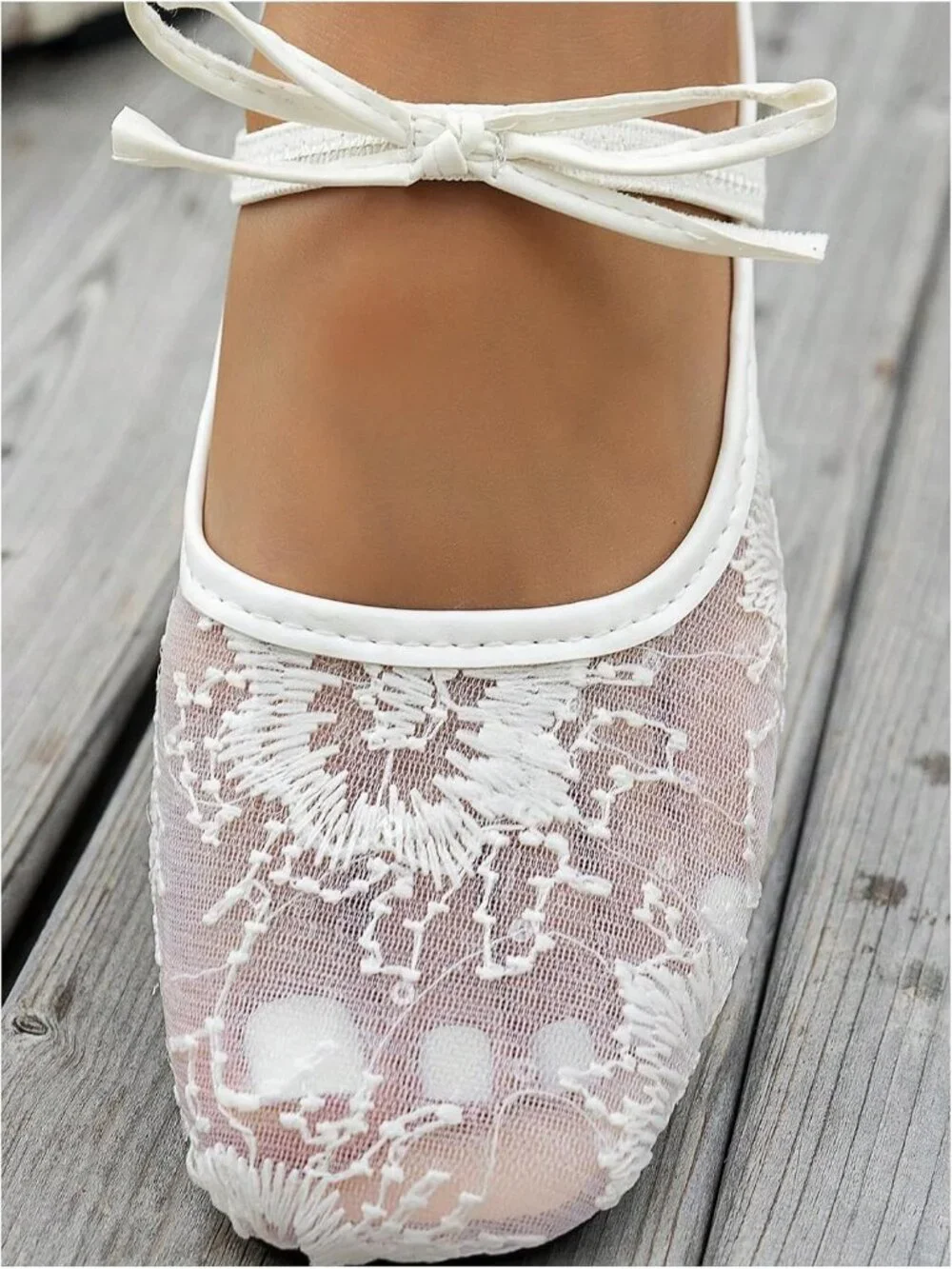 Women's Light White Mesh Ballet Flats Lace Bow Square Toe Wedding Dressy Shoes
